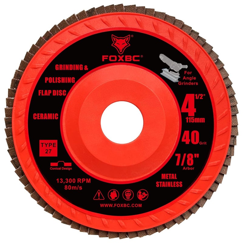 FOXBC 4-1/2 inch Ceramic Flap Disc 40 Grit for Angle Grinder with Speed HUB, Type 27, Grinding and Polishing for Metal, 5 Pack - Image 3